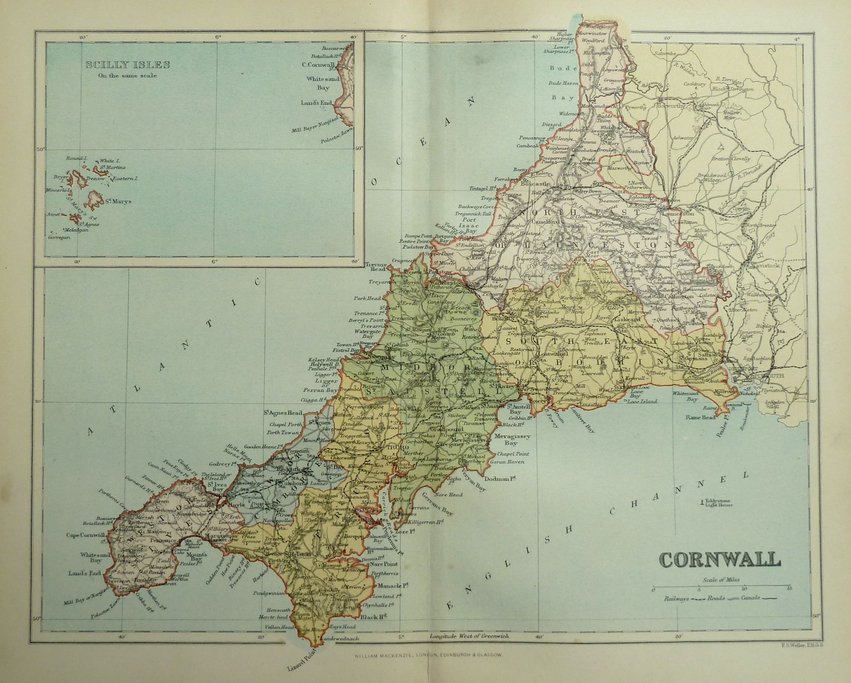 Cornwall Antique Maps, Old Maps of Cornwall, Vintage Maps of Cornwall, UK