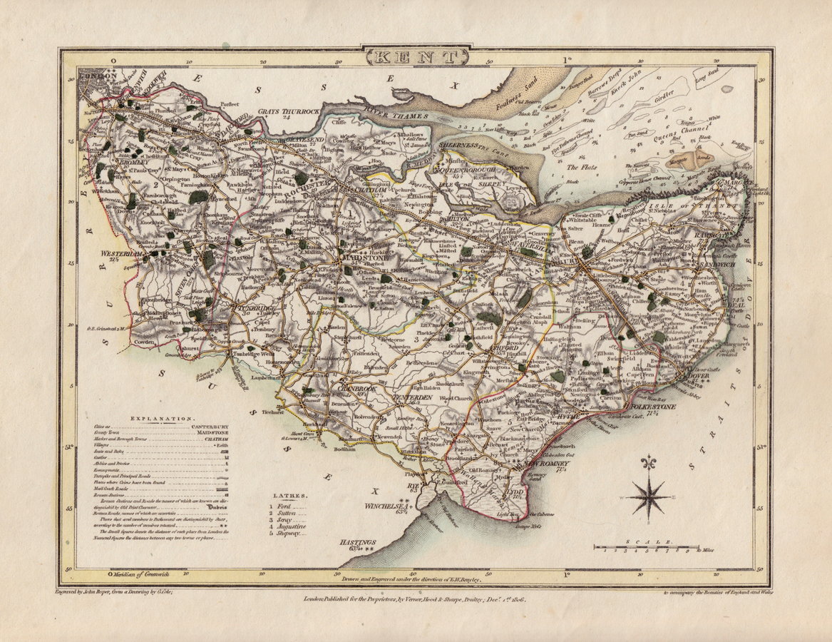 Kent Antique Maps, Old Maps of Kent, Vintage Maps of Kent, UK