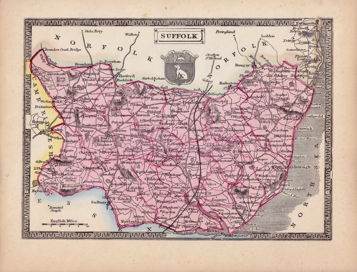 Suffolk Antique Maps, Old Maps of Suffolk, Vintage Maps of Suffolk, UK